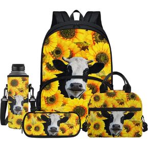 Bitter Dog USA Flag Backpack Kids School Bag, 3D Puppy Sunflower BookBags 4 Pcs Lunch Box Water Bottle Carrier Bag, Yellow Flower Girls Boys Large Capacity Rucksack