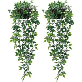 Artificial Hanging Plants,2 Pack Fake Hanging Plant Fake Potted Greenery Plants Faux Mandala Vine in Pot Plants for Office Home Room Indoor Outdoor Wall Shelf Decor