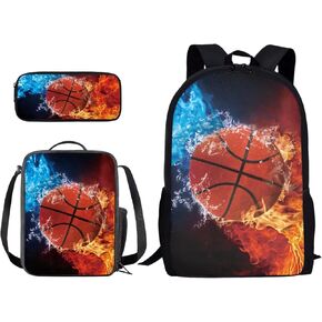 American Football Print School Bag Backpack for Girls Boys Fire Water Design Bookbag College Students School Backpacks Set Lunch Box and Pencil Bag 3 in 1 Casual Rucksack Outdoor Daypack