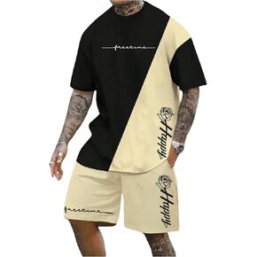 SOLY HUX Men's Tracksuits Color Block Print Short Sleeve Tee and Drawstring Shorts Summer 2 Piece Sets