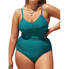 CUPSHE Women Swimsuit Plus Size One Piece Bathing Suit Wrapped Front Ruched Tummy Control with Adjustable Spaghetti Straps