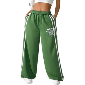 WDIRARA Women's Letter Print Side Striped Wide Leg Sweatpants Athletic Workout Long Pants with Pockets