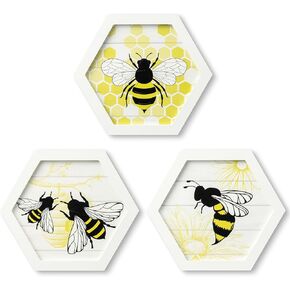 WATINC Bee Pictures Wall Decor - Summer Honey Bees Wall Art Decorations Set, Home Kitchen Framed Rustic Farmhouse Honey Combs Picture Gifts for Bee Party Backdrop Bedroom Living Room 6.7 x 7.7 Inch