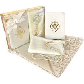 SAJADAH Muslim Prayer Rug Set - 4 in One Islamic Gifts Set, Prayer Mat, Prayer Beads, Hijab, Surahs Book,Eid Gifts (Black)