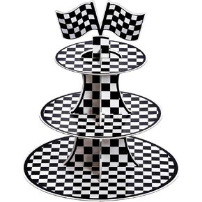 3-Tier Round Cardboard Cupcake Stand, Racing Car Theme Cardboard Cupcake Holder, Car Theme Dessert Display Stand Tower, Black and White Checkered Car Party Decorations Supplies