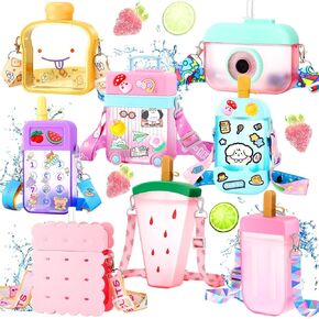 Patelai 8 Pcs Cute Water Bottles with Straw Kawaii Watermelon Ice Cream Cups for Kids Leak Proof Drinking Bottles with Adjustable Shoulder Strap for School Sports Travel Camping (Cute Style)