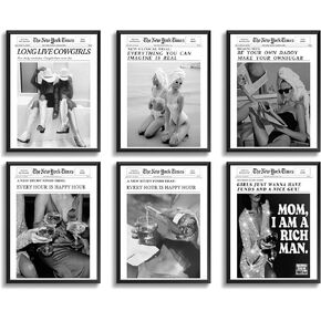 6 Pieces Stylish Wall Art Champagne Black and White New York News Poster Modern Preppy Humor Quote Printed Artwork Retro Music Picture Unframed Size: 8x10 inches