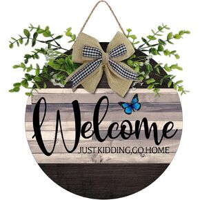 Welcome Sign Blue Butterfly Black Wooden Sign 12" X 12" Round Home Decor Front Door For Porch Wall Decoration With Bow Grass Wreath Surveillance Sign -Welcome