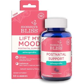 Mommy's Bliss Lift My Mood دعم ما بعد الولادة أشواغاندا، قد يقلل من التوتر ويدعم مزاج صحي متوازن، نباتي، نكهة التوت اللذيذة، 60 علكة (30 حصة)