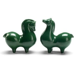 Small Horse Statue,Green Sculpture for Office & Home Decor,2pcs Ceramic Ornament for Horse Lovers
