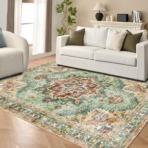 3x5 Area Rugs,Machine Washable Mats,Non Slip Vintage Boho Rug,Low-Pile Throw Rug,Floor Carpet Distressed Printed Rug for Living Room Bedroom Bedside Entryway Bathroom Balcony （Blue 3'x5'）