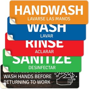 Wash, Rinse, Sanitize Bilingual Multicolor Sink Labels, (5 Pack) 9x3 Inches, 4 Mil Vinyl Decal Stickers Waterproof, Made in USA by Sigo Signs