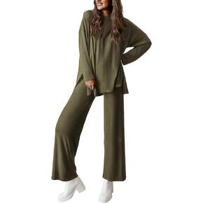 PRETTYGARDEN Women's Fall Two Piece Outfits Matching Lounge Sets Long Sleeve High Low Tops T Shirts Wide Leg Pants Tracksuits