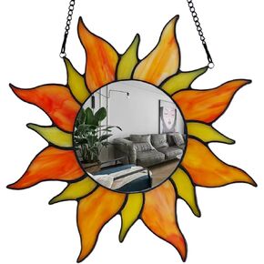 HolliveeyTiffany Style Stained Glass Window Panel with Mirror for Makeup Dresser, 12 inches sun Decorative Wall Hanging Small mirror in Kuwait