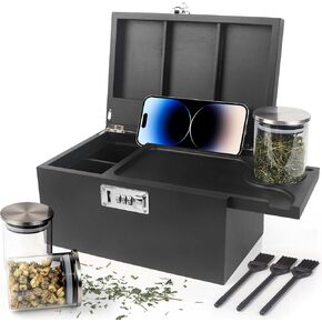 Large Black Bamboo Box with Silver Combination Lock,Great Decorative Storage Box with Detachable Compartment, Alright Jars & Brushes for Essentials,Great Gift Choice