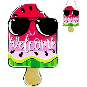 AOCEAN 1 Pcs Summer Watermelon Welcome Sign for Front Door 12 Inch Watermelon Popsicle Door Sign Pink Summer Door Hanger Wood Wreath Porch Decor Seasonal Farmhouse Indoor Wall Hanging Decoration
