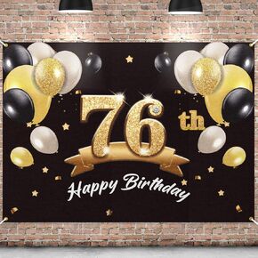 Happy 76th Birthday Banner Backdrop - 76 Birthday Party Decorations Supplies for Men - Black Gold 4 x 6ft