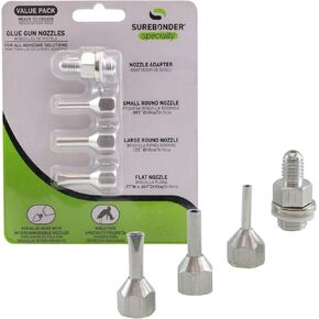 Surebonder Interchangeable Hot Glue Gun Nozzles - 4 Pack Includes Adapter, Small & Large Round Nozzles, Flat Nozzle - Made of Aluminum for Durability & Smooth Glue Flow