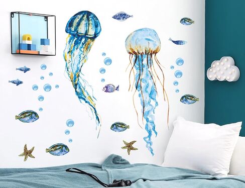 Creative Watercolor Blue Jellyfish Wall Decals Under The Sea Fish Animals Wall Stickers DIY Removable Ocean View Seaweed Coral Starfish Art Decor for Kids Bedroom Nursery Decoration DT4995 in Saudi Arabia