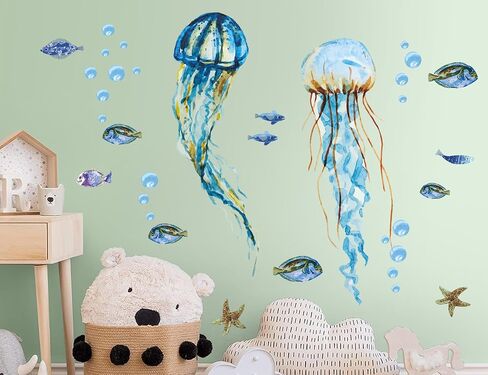 Creative Watercolor Blue Jellyfish Wall Decals Under The Sea Fish Animals Wall Stickers DIY Removable Ocean View Seaweed Coral Starfish Art Decor for Kids Bedroom Nursery Decoration DT4995 in Saudi Arabia
