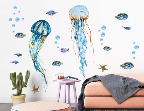 Creative Watercolor Blue Jellyfish Wall Decals Under The Sea Fish Animals Wall Stickers DIY Removable Ocean View Seaweed Coral Starfish Art Decor for Kids Bedroom Nursery Decoration DT4995 in Saudi Arabia