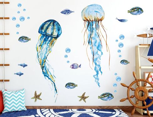 Creative Watercolor Blue Jellyfish Wall Decals Under The Sea Fish Animals Wall Stickers DIY Removable Ocean View Seaweed Coral Starfish Art Decor for Kids Bedroom Nursery Decoration DT4995 in Saudi Arabia
