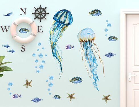 Creative Watercolor Blue Jellyfish Wall Decals Under The Sea Fish Animals Wall Stickers DIY Removable Ocean View Seaweed Coral Starfish Art Decor for Kids Bedroom Nursery Decoration DT4995 in Saudi Arabia