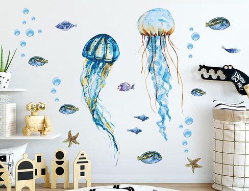 Creative Watercolor Blue Jellyfish Wall Decals Under The Sea Fish Animals Wall Stickers DIY Removable Ocean View Seaweed Coral Starfish Art Decor for Kids Bedroom Nursery Decoration DT4995 in Saudi Arabia