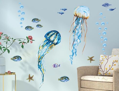 Creative Watercolor Blue Jellyfish Wall Decals Under The Sea Fish Animals Wall Stickers DIY Removable Ocean View Seaweed Coral Starfish Art Decor for Kids Bedroom Nursery Decoration DT4995 in Saudi Arabia