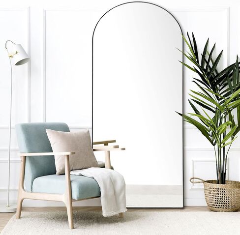 NeuType Arched Full Length Mirror, 59"x20" Wall Mirror, Wooden Thin Frame, Hanging or Leaning Against Wall, Oversized Large Bedroom Mirror, Floor Mirror, Dressing Mirror, Black in Saudi Arabia