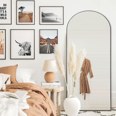 NeuType Arched Full Length Mirror, 59"x20" Wall Mirror, Wooden Thin Frame, Hanging or Leaning Against Wall, Oversized Large Bedroom Mirror, Floor Mirror, Dressing Mirror, Black in Saudi Arabia