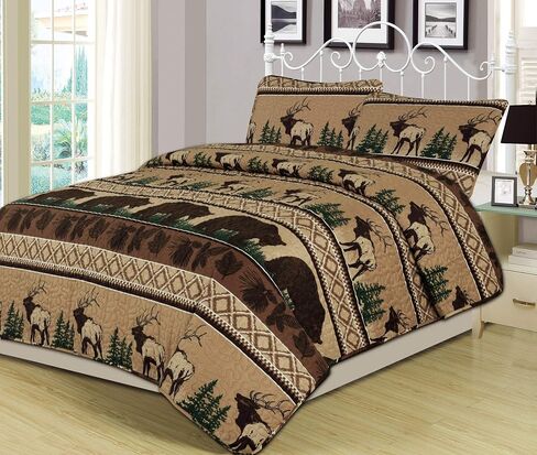 طقم لحاف Bear Mountain مكون من 3 قطع يتميز بمقصورة Bear Elk Log Cabin ريفية، كوين، بني in Saudi Arabia