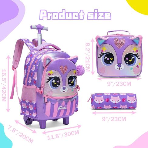 Meetbelify Rolling Backpack for Girls Backpacks with Wheels for Elementary Preschool Students Kids 3 in 1 Travel Luggage Carry on Suitcase with Lunch Box Pencil Case for Girls Age 8-10 in Saudi Arabia