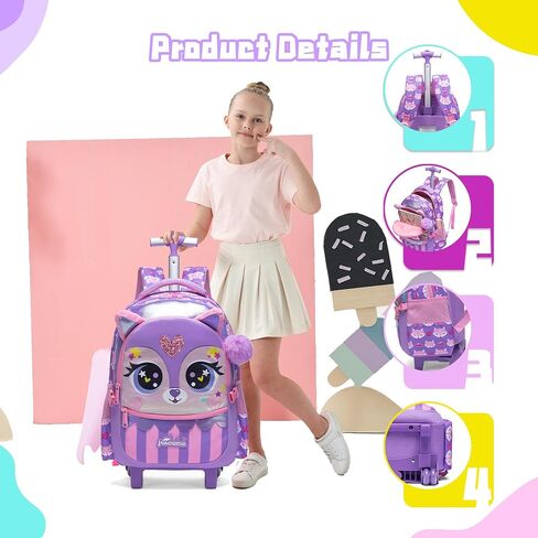 Meetbelify Rolling Backpack for Girls Backpacks with Wheels for Elementary Preschool Students Kids 3 in 1 Travel Luggage Carry on Suitcase with Lunch Box Pencil Case for Girls Age 8-10 in Saudi Arabia
