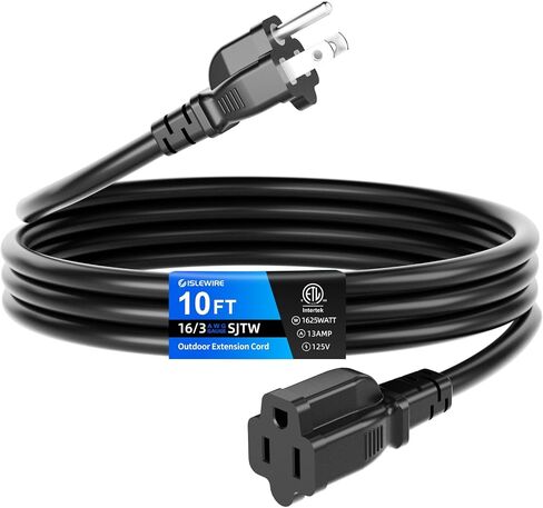 10 FT Outdoor Extension Cord Waterproof, Black, 3-Prong Power Cord, 16 AWG SJTW, 13A 1625W, Grounded, General Purpose Long Extension Cord for Lawn & Garden, ETL Listed in Saudi Arabia