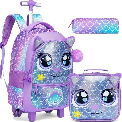 Meetbelify Rolling Backpack for Girls Backpacks with Wheels for Elementary Preschool Students Kids 3 in 1 Travel Luggage Carry on Suitcase with Lunch Box Pencil Case for Girls Age 8-10 in Saudi Arabia