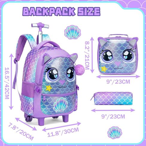 Meetbelify Rolling Backpack for Girls Backpacks with Wheels for Elementary Preschool Students Kids 3 in 1 Travel Luggage Carry on Suitcase with Lunch Box Pencil Case for Girls Age 8-10 in Saudi Arabia