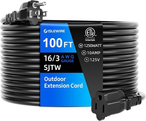 10 FT Outdoor Extension Cord Waterproof, Black, 3-Prong Power Cord, 16 AWG SJTW, 13A 1625W, Grounded, General Purpose Long Extension Cord for Lawn & Garden, ETL Listed in Saudi Arabia