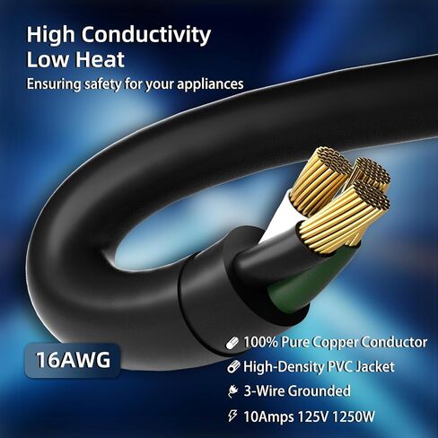 10 FT Outdoor Extension Cord Waterproof, Black, 3-Prong Power Cord, 16 AWG SJTW, 13A 1625W, Grounded, General Purpose Long Extension Cord for Lawn & Garden, ETL Listed in Saudi Arabia