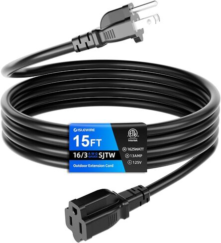 10 FT Outdoor Extension Cord Waterproof, Black, 3-Prong Power Cord, 16 AWG SJTW, 13A 1625W, Grounded, General Purpose Long Extension Cord for Lawn & Garden, ETL Listed in Saudi Arabia