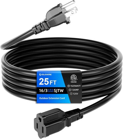 10 FT Outdoor Extension Cord Waterproof, Black, 3-Prong Power Cord, 16 AWG SJTW, 13A 1625W, Grounded, General Purpose Long Extension Cord for Lawn & Garden, ETL Listed in Saudi Arabia