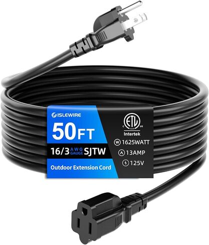 10 FT Outdoor Extension Cord Waterproof, Black, 3-Prong Power Cord, 16 AWG SJTW, 13A 1625W, Grounded, General Purpose Long Extension Cord for Lawn & Garden, ETL Listed in Saudi Arabia