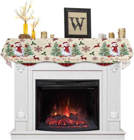 Chritmas Fireplace Mantel Scarf, Christmas Snowman Tree Elk Snowflake Red Plaid Retro Linen Fireplace Scarf Cover Mantle Shelf Top Scarf Runner Fireplace Decoration for Christmas Party, 60x17in in Saudi Arabia