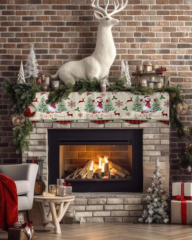 Chritmas Fireplace Mantel Scarf, Christmas Snowman Tree Elk Snowflake Red Plaid Retro Linen Fireplace Scarf Cover Mantle Shelf Top Scarf Runner Fireplace Decoration for Christmas Party, 60x17in in Saudi Arabia