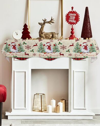 Chritmas Fireplace Mantel Scarf, Christmas Snowman Tree Elk Snowflake Red Plaid Retro Linen Fireplace Scarf Cover Mantle Shelf Top Scarf Runner Fireplace Decoration for Christmas Party, 60x17in in Saudi Arabia