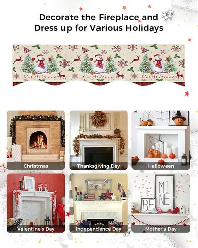 Chritmas Fireplace Mantel Scarf, Christmas Snowman Tree Elk Snowflake Red Plaid Retro Linen Fireplace Scarf Cover Mantle Shelf Top Scarf Runner Fireplace Decoration for Christmas Party, 60x17in in Saudi Arabia
