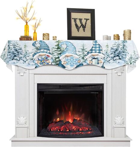 Chritmas Fireplace Mantel Scarf, Christmas Snowman Tree Elk Snowflake Red Plaid Retro Linen Fireplace Scarf Cover Mantle Shelf Top Scarf Runner Fireplace Decoration for Christmas Party, 60x17in in Saudi Arabia