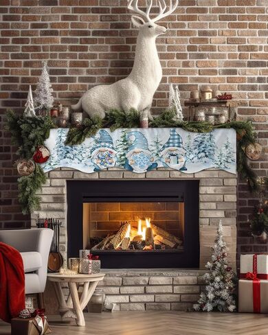 Chritmas Fireplace Mantel Scarf, Christmas Snowman Tree Elk Snowflake Red Plaid Retro Linen Fireplace Scarf Cover Mantle Shelf Top Scarf Runner Fireplace Decoration for Christmas Party, 60x17in in Saudi Arabia
