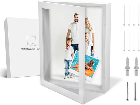علبة صندوق الظل مقاس 11 × 14 بوصة بإطار صندوق خشبي أبيض - صورة ذاكرة خشبية كبيرة مع زجاج للذكريات والقمصان والتذكارات والصور in Saudi Arabia