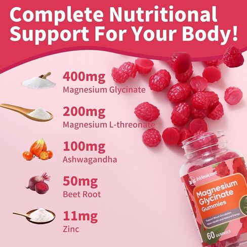 Magnesium Glycinate Gummies 400mg, Sugar Free Magnesium Supplement w/Magnesium L-Threonate 200mg, Ashwagandha, Zinc, Vegan Magnesium Glycinate Supplement for Adults - 120 Cherry Gummies in Saudi Arabia